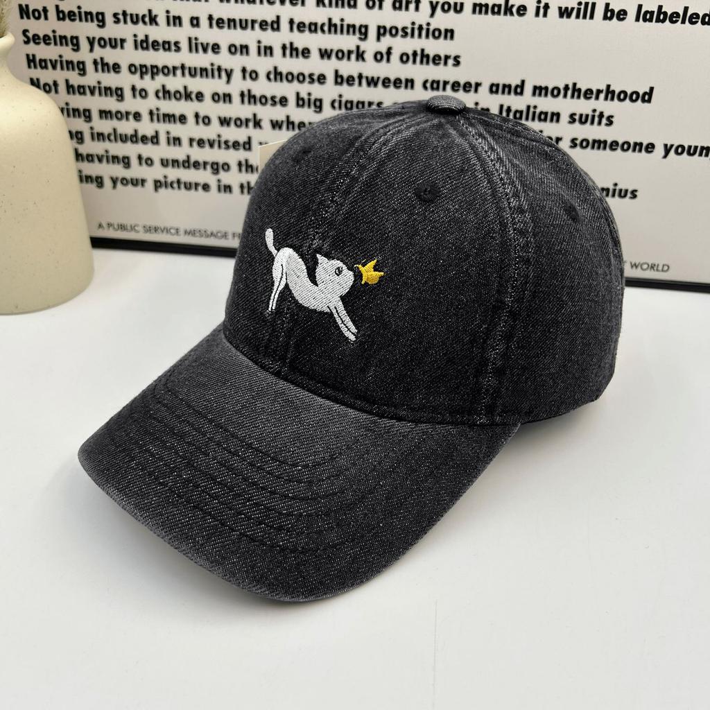 Cartoon Kitten Washed Denim Baseball Cap Children Spring and Summer Show Face Small Wide Brim Deep Top Cap Big Head Circumference Tide