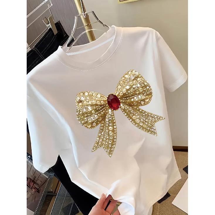 Women s Short Sleeve T Shirt Shiny gold Pearl Bow Print Design Women s Round Neck Short Sleeve T Casual fashion trendy shirt S белый