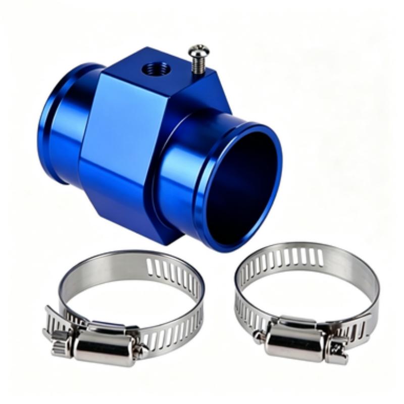 Water Temperature Sensor Tee Aluminum Alloy Blue 32mm Hose Connector with Clamps