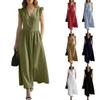 Abito casual da donna con scollo a V, tasca anteriore a tre bottoni, senza maniche, elegante, con spalle a balze, vestibilità ampia, lungo