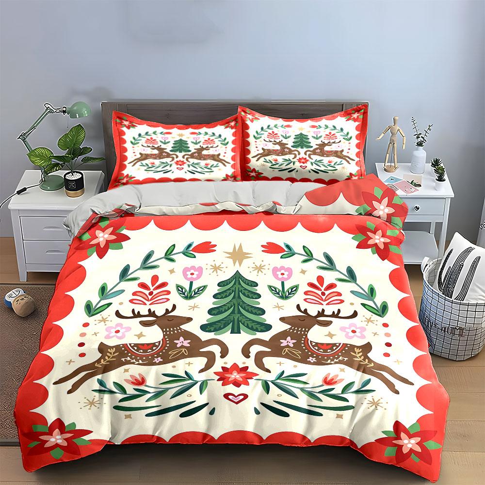 Reindeer and Floral Christmas Design Bedding Duvet Cover Set Duvet Cover Pillowcases  (1*Duvet Cover 2*Pillowcases, without duvet insert)
