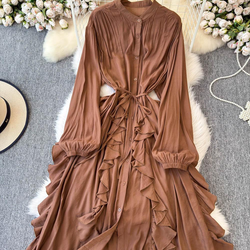 Jemný styl Temperament Bublinkové rukávy Stojáček Stahovaný pas Áčkový střih Volánový okraj Šifonové šaty Elegantní Velká kolová Dlouhé šaty