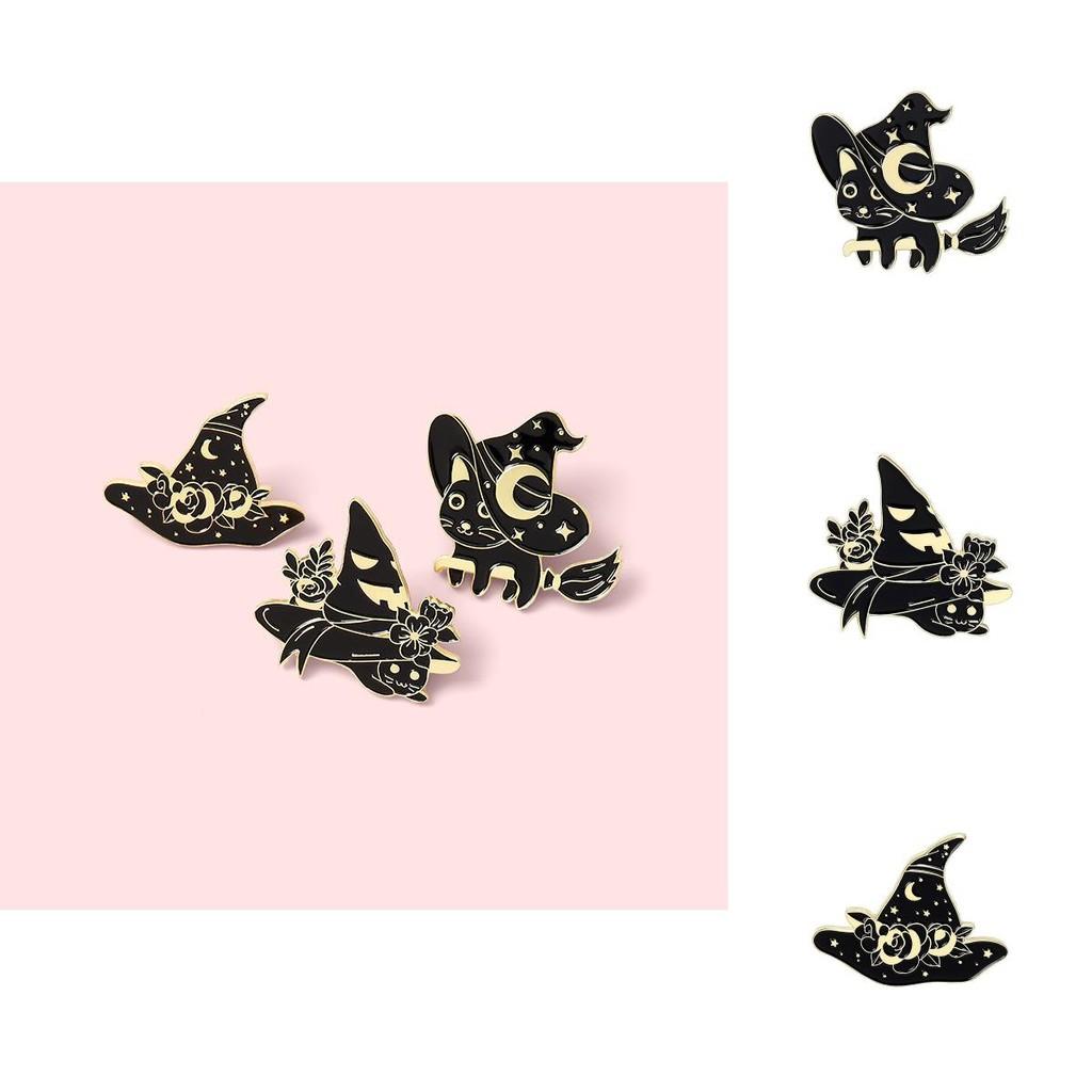 Black Cat Adorable Witch Hat Brooch Elegant Alloy Design For Spooky Looks Halloween