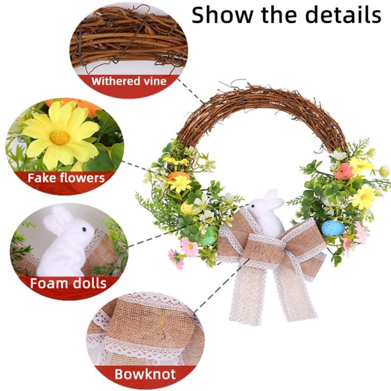 Easter Wreath for Front Door Home Decorations Photoshoots Bowknot Wreath Hanging Decor Easter Rabbit Wreath Ornament