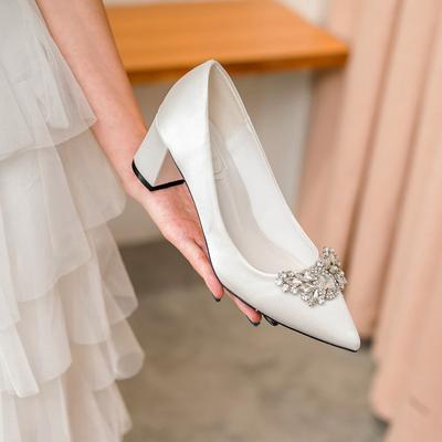 Bridal Wedding Shoes White Satin Crystal Rhinestones Chunky Heels French Design Plus Size Wedding Dress Bride Shoes
