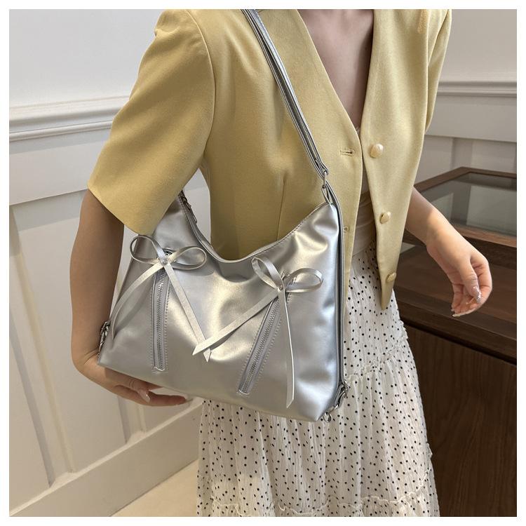 Korean Style Bowknot Faux Leather Bucket Bag for Women, Soft Single Shoulder Hobo Purse, Chic Casual Crossbody Handbag