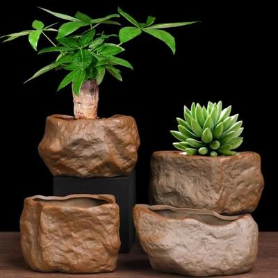 Ceramic Succulent Plant Pots Stone Shape Wear Resistant Plant Flower Pot with Drainage Hole Bonsai Potted Flowerpot