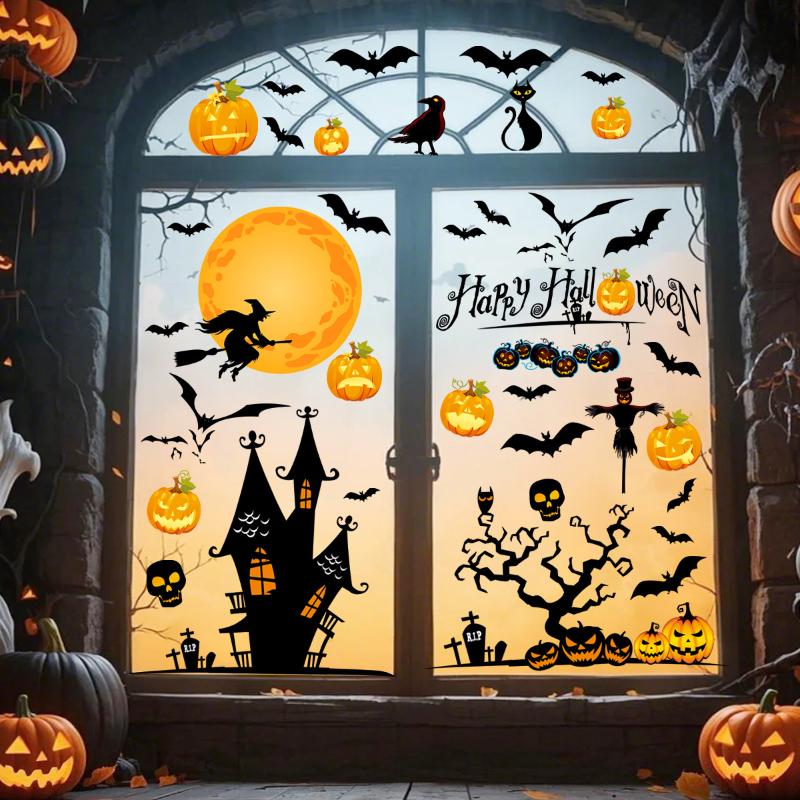 Halloween Window Sticker Pumpkin Witch Bat Castle Pattern Wall Stickers Halloween Decals