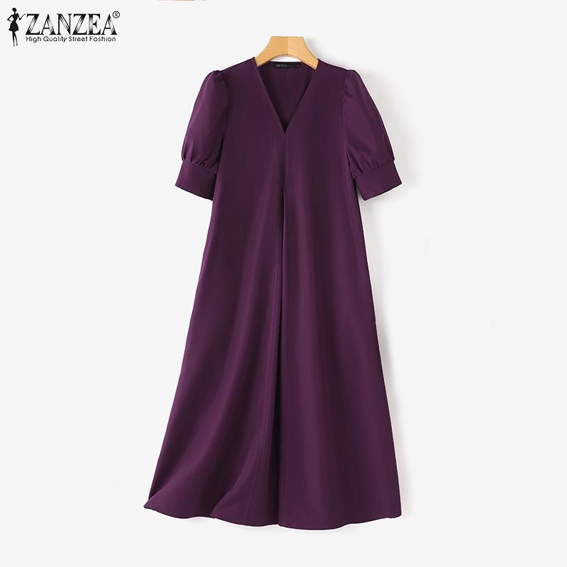 ZANZEA Women Casual V-neck Solid Color Loose Short Sleeve Dress