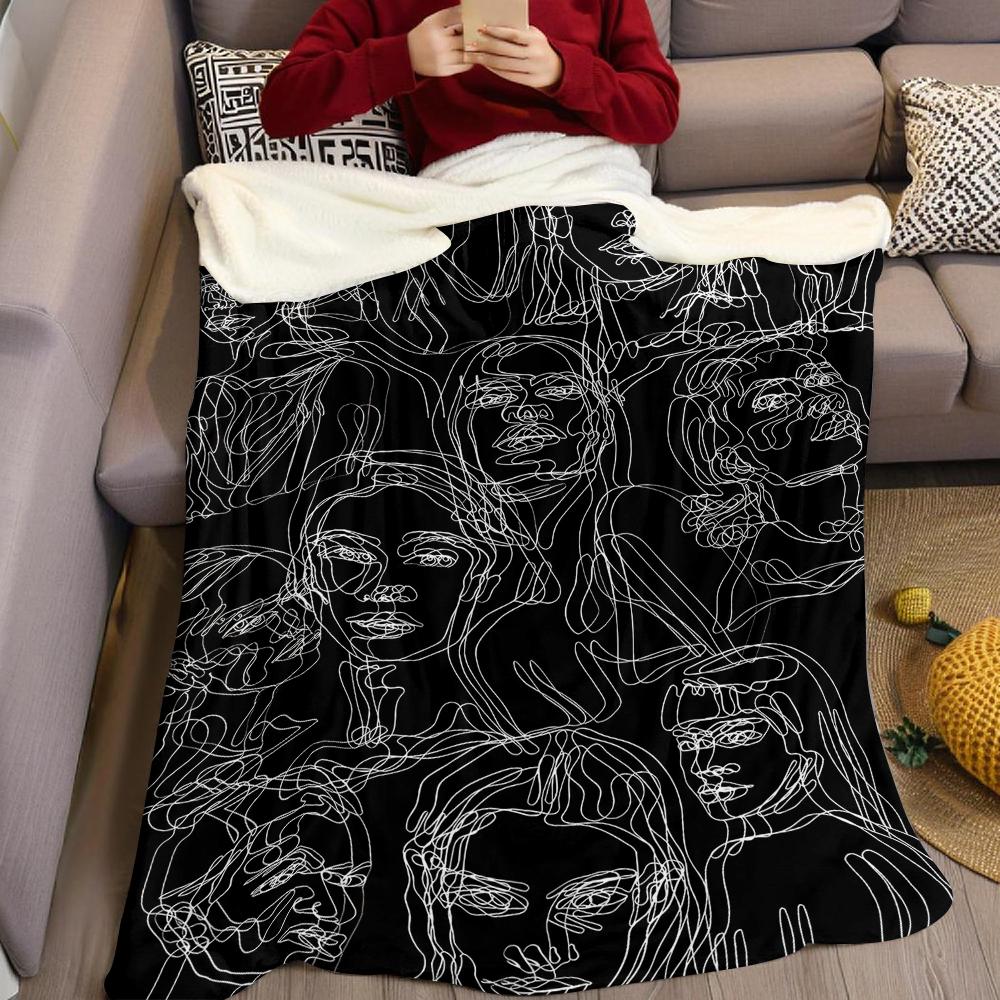 Line Art Faces Flannel Blanket Warm Soft Halloween Christmas Couch Warm Cozy Decorative Decor Gift for All Season