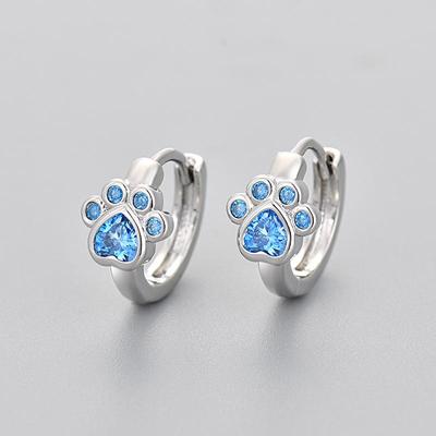 Pendientes de circonita con huella de pata de gato azul para mujer: diseño animal bonito y moderno.