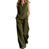 Women's Casual Two Piece Set Sleeveless V Neck Top with Button Detail and Wide Leg Pants with Side Stripe Contrast Trim
