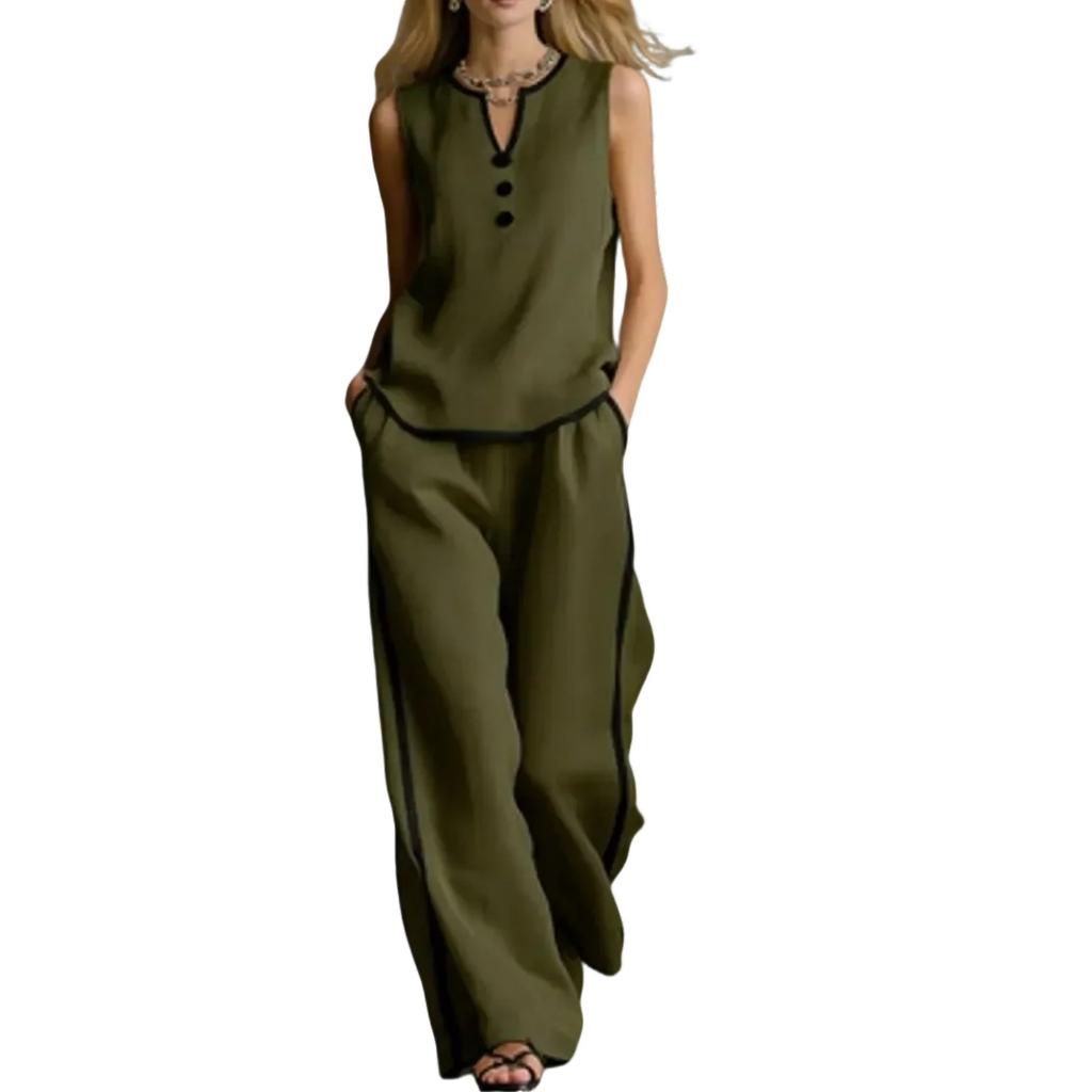 Women's Casual Two Piece Set Sleeveless V Neck Top with Button Detail and Wide Leg Pants with Side Stripe Contrast Trim