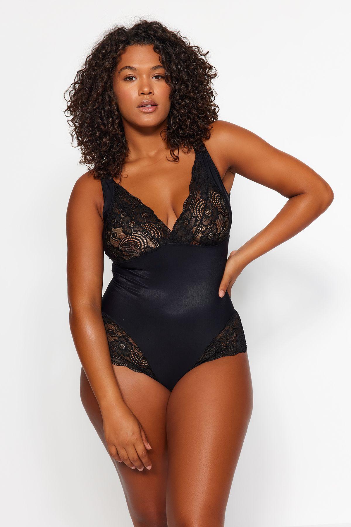 

Женский модный черный кружевной детальный вязаный корсет больших размеров 4XL