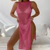 Elegant New O-neck Sleeveless See Through Women Knitted Dress Fashion Hollow Out Summer Vacation Sexy Dresses High Slit Beach Sunscreen Covers