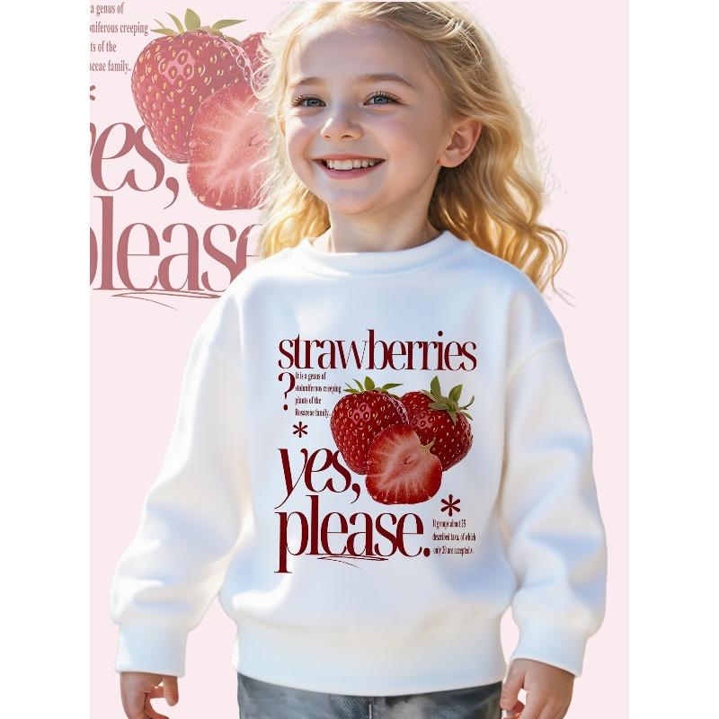 Kids Crewneck Long Sleeve Sweatshirt, Strawberry Text Graphic Print