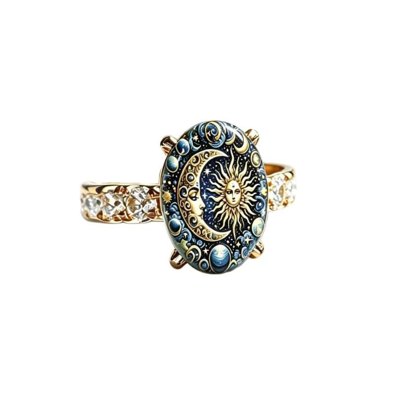 Anello Retrò Stile Europeo e Americano con Zirconi Sole e Luna Anello Versatile Personalità Creativa Gioielli