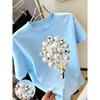 New Sweet Style Pearl and Rhinestone Bouquet Print Short Sleeve Round Neck Shirt T Women's T Shirt Suitable for Casual Outings In Spring and