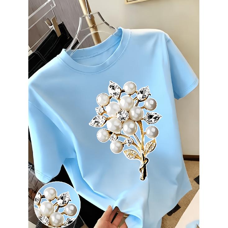 New Sweet Style Pearl and Rhinestone Bouquet Print Short Sleeve Round Neck Shirt T Women's T Shirt Suitable for Casual Outings In Spring and