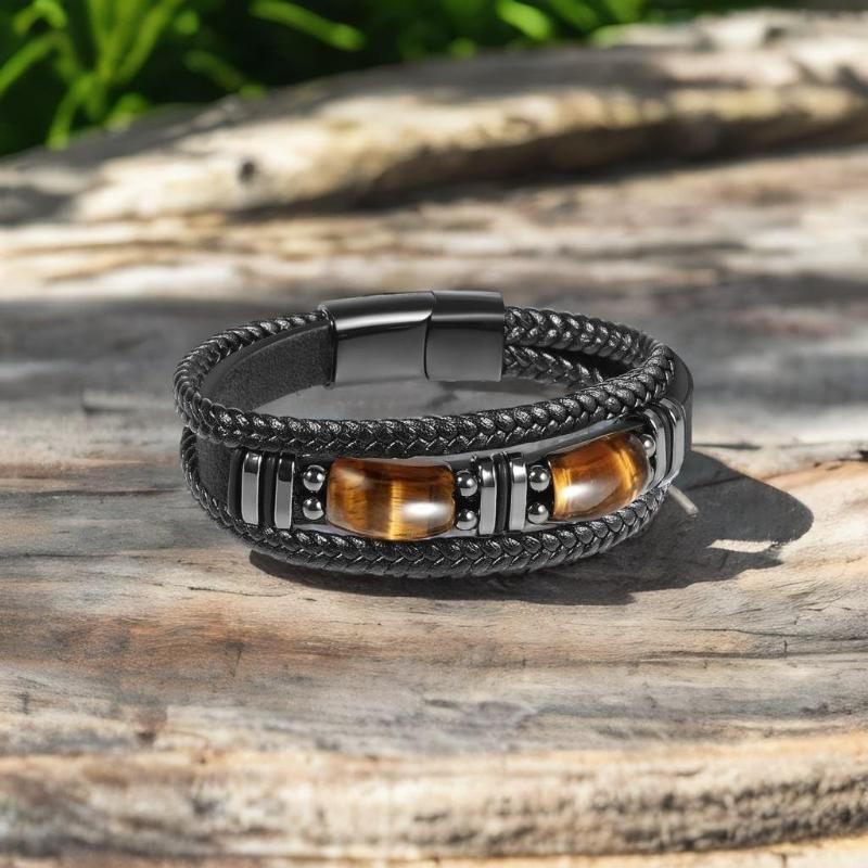 Tiger Eye Black Leather Bracelet Men Natural Zircon Crystal Stone Jewelry Handmade Courage Stress Relief Protection Bracelet