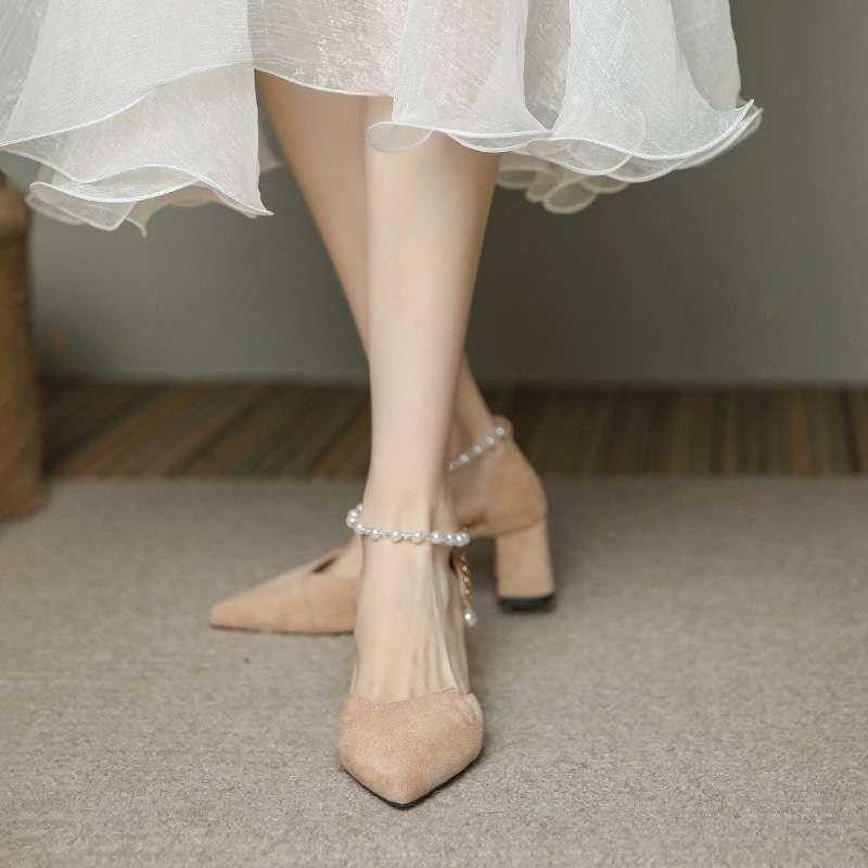 French Temperament High Heels Women's Thick Heel Summer Fairy Style Gentle Bridesmaid Single Shoes Pearl Sandals Women's Medium Heel Small Size