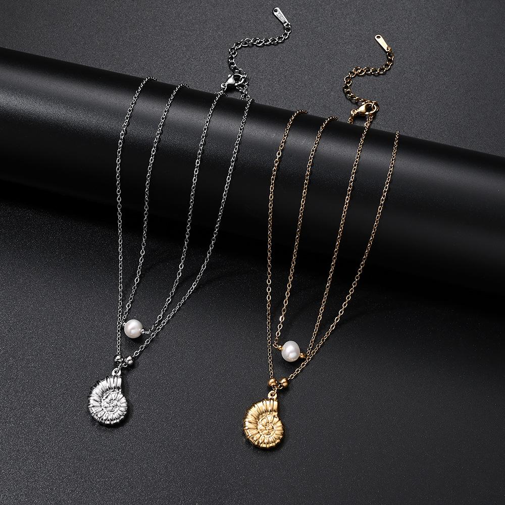 Anti-Oxidation Stainless Steel Conch Pearl Necklace, Double-Layered Design