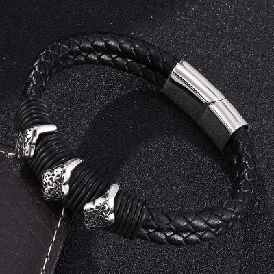 Double Layer Design DIY Jewelry Woven Leather Rope Wrapping Special Style Classic Stainless Steel Men's Leather Bracelet