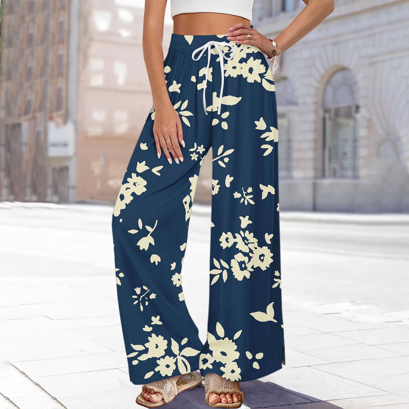 

Women s Printed Wide Leg Pants With Pockets High Waist Drawstring Loose Casual Pants M
