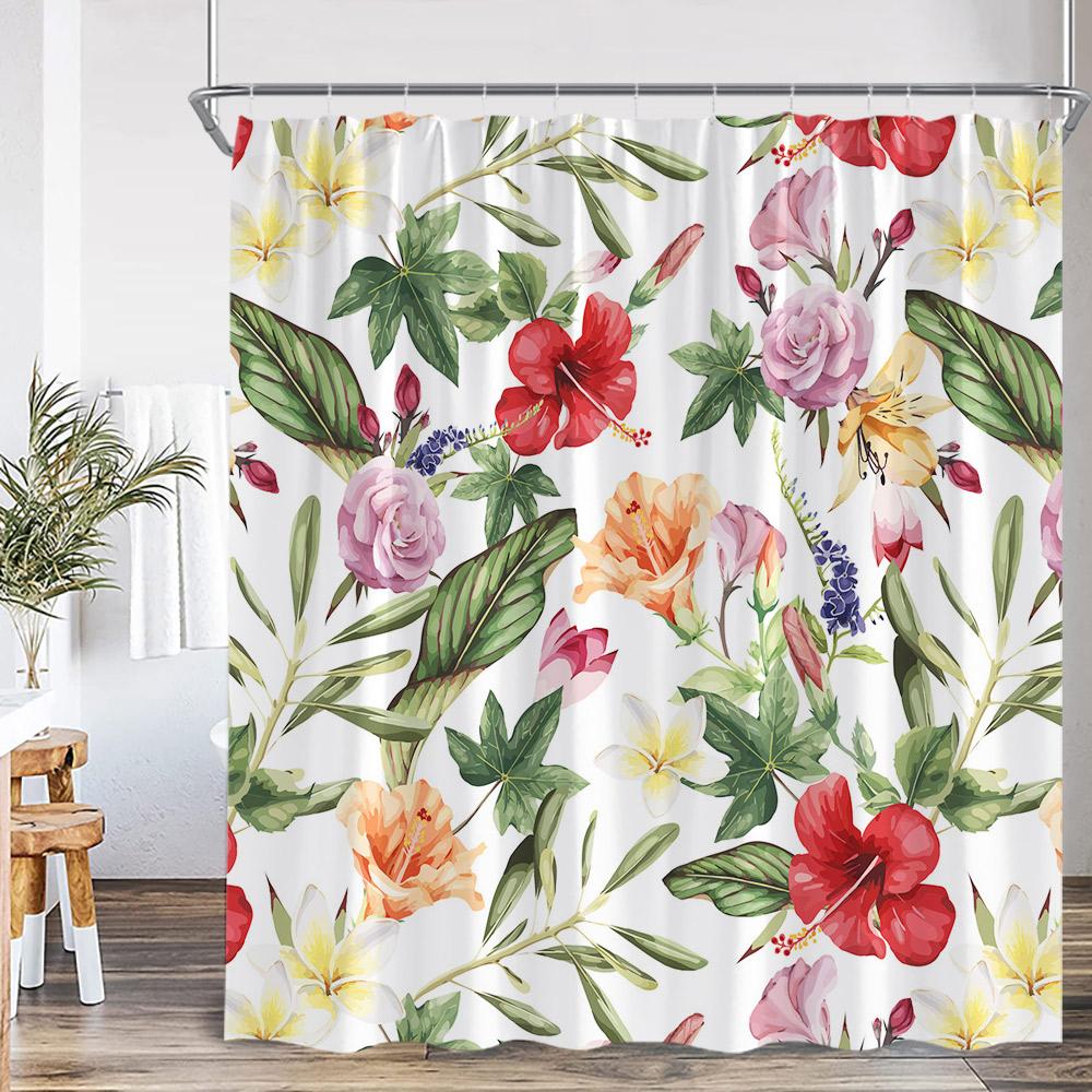 Flowers Watercolor Shower Curtains Colorful Flower Plants Bamboo Greenery Bathroom Decorations Modern Bath Curtain With Hooks