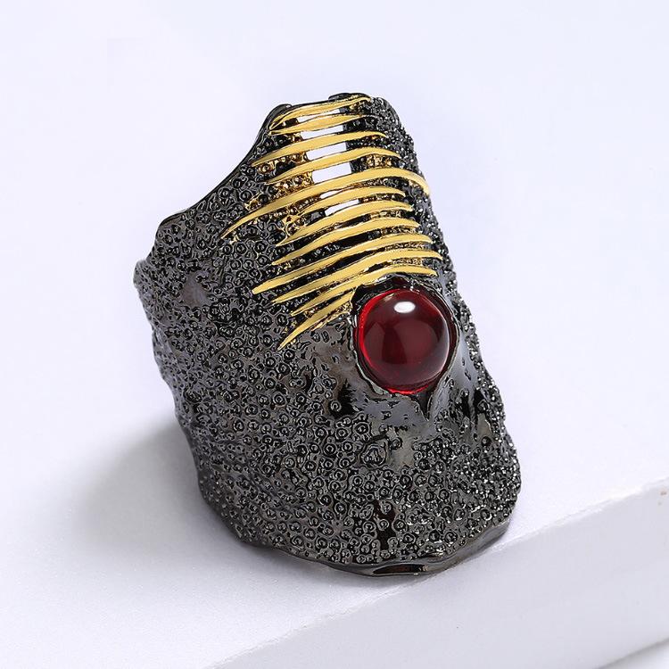 Unique Irregular Inlaid Ruby Black Gold Two-tone Ring Necklace Earrings Black and Gold Two-tone Three-piece Set Women Jewelry