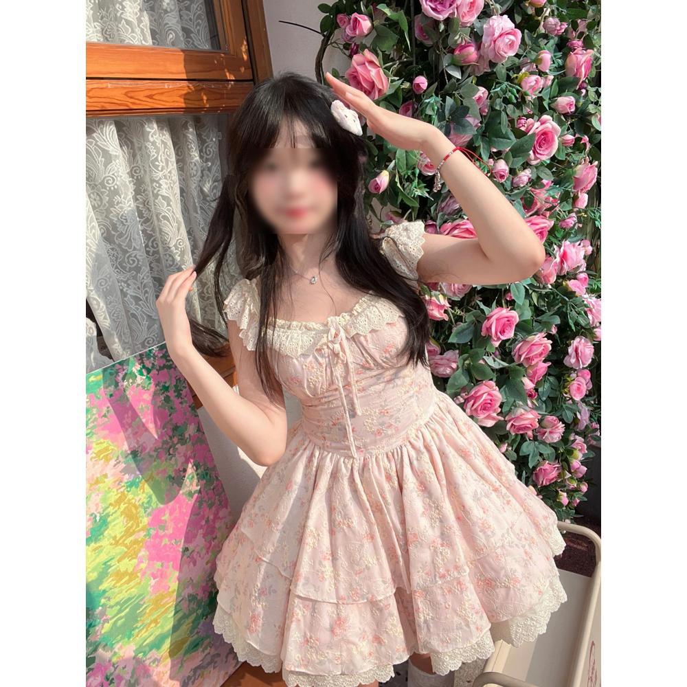 Xiaofei sleeve suspender skirt women's summer sweet small fresh blue floral short cake skirt waist princess dress