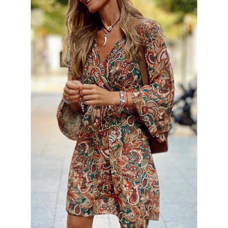 Summer Floral Print Polyester A Line Dress With V Neck And Mid Waist For Casual Wear