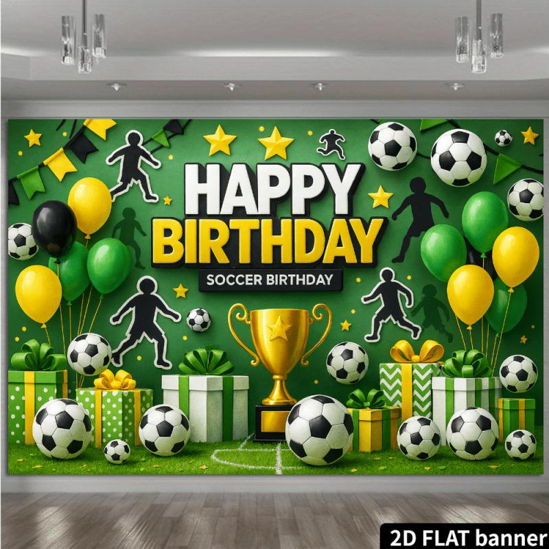 [2D] Flat - [2D] Flat Soccer-Themed Birthday Backdrop Soccer Goal  Gold Trophy  Soccer Decorations