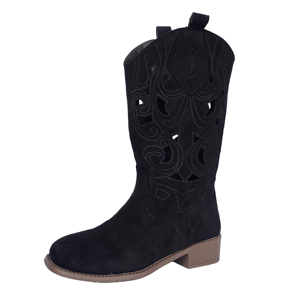 

Женские осенние ботинки Hollow knight, новые остроносые ретро ботинки на среднем каблуке в западном стиле, большие размеры, вышитые ботинки средней длины 42 чёрный