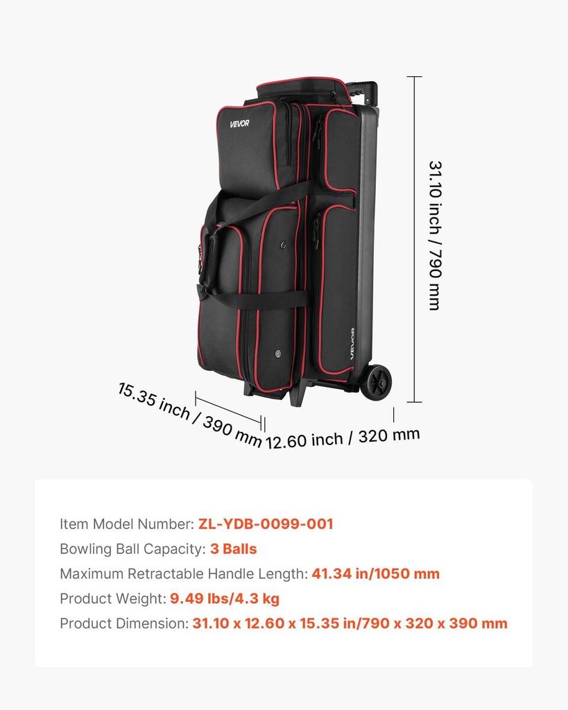 3 Ball Bowling Bag with Wheels Double Roller Bowling Bag Shoe Compartment