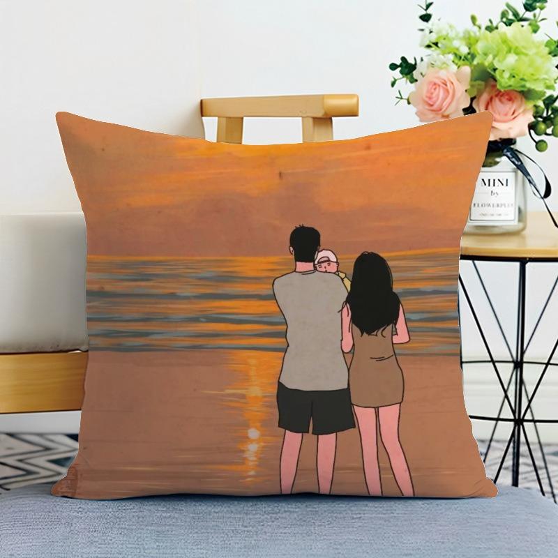 Happy Family Print Decorative Pillowcase Bedroom Living Room Square Cushion Pillowcase
