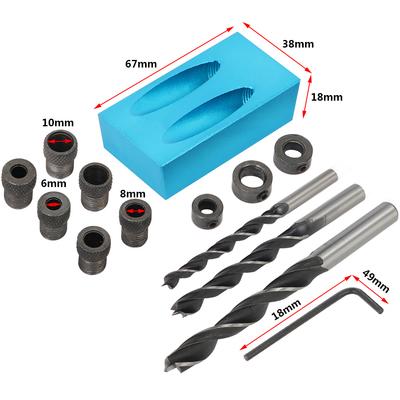 Pocket Hole Jig Kit 15 Degree Woodworking Inclined Hole Jig With6/8/10mm Sleeve for Woodworking Angle Drilling Holes Locator Jig