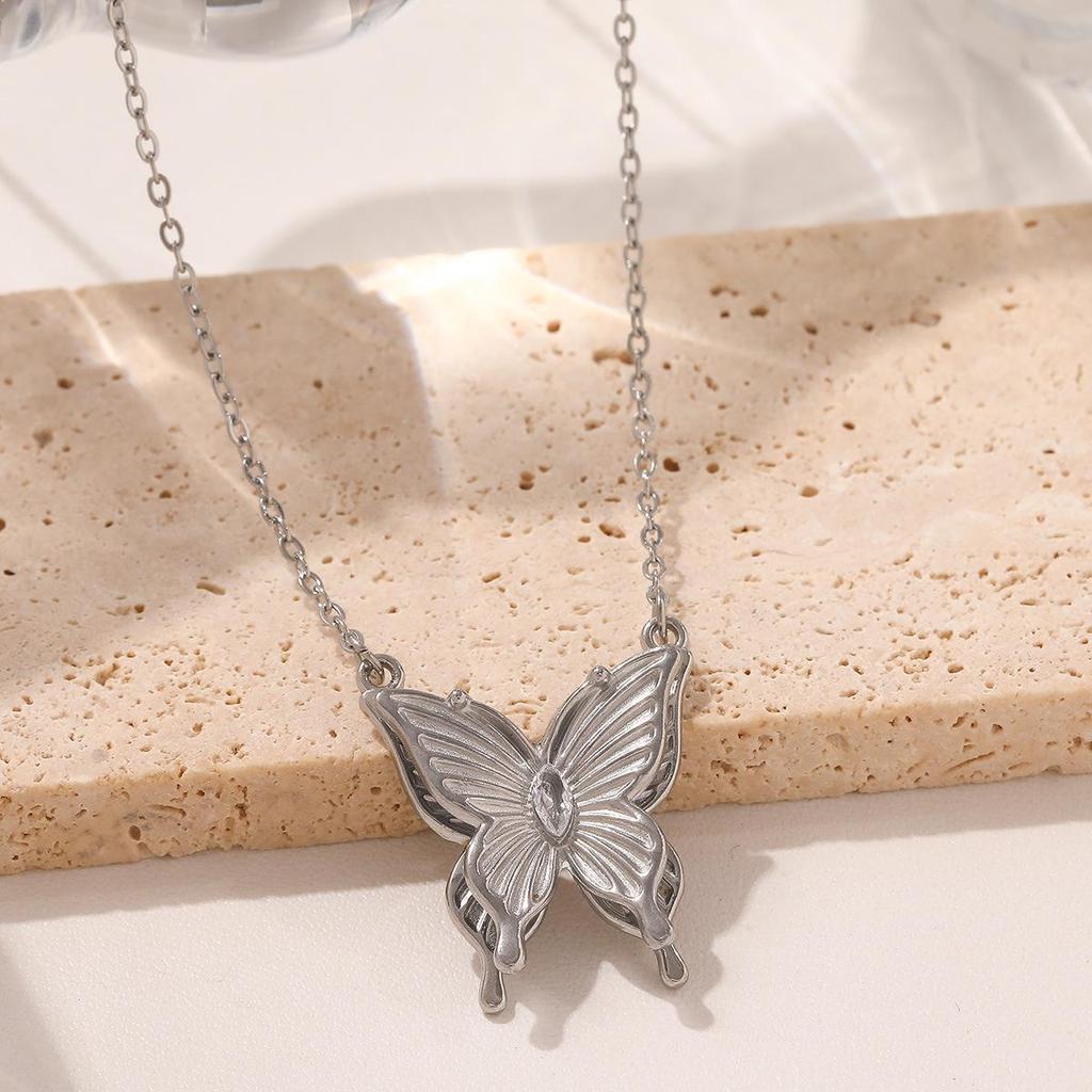 Elegant Butterfly Necklace - Gold-Plated Stainless Steel with Diamond Accents, Two-tone Design