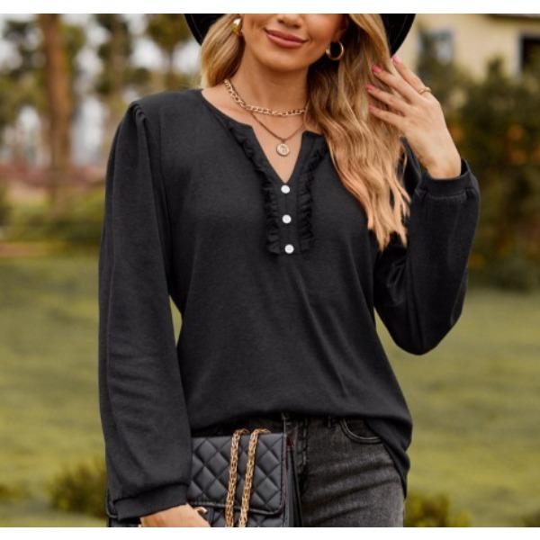 

Spring and Autumn Solid Color V-neck Button Long Sleeved Women s T-shirts S чёрный