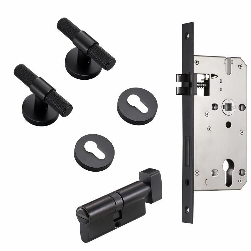 Dooroom Brass Door Lever Set Modern Knurled T-bar Interior Bedroom Bathroom Double Wood Door Lock Set Dummy Knob Hidden Door