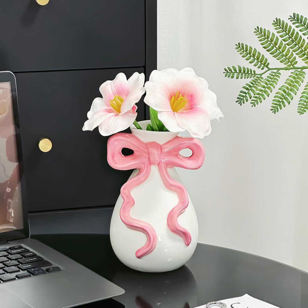 Ceramic Vase with Cute Bow Three-dimensional Ribbon Cartoon Bow Flower Vase Floral Arrangement Accessories Home Decoration