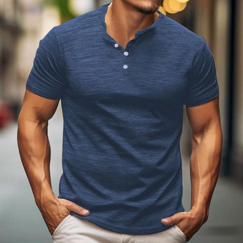 Pánské tričko Henley s krátkým rukávem, jednobarevné, úzký střih, ležérní