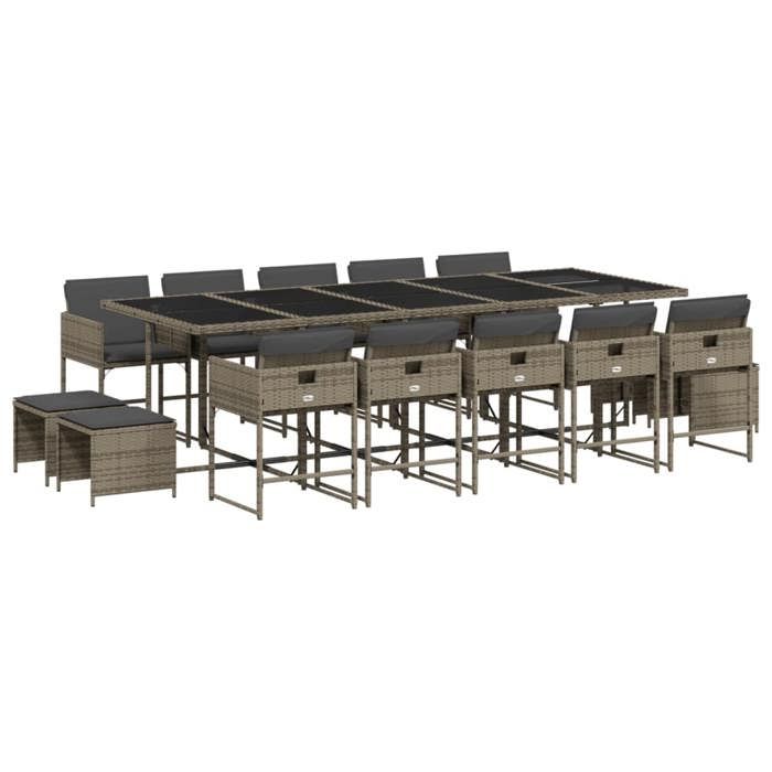VidaXL 15-piece Garden Dining Set Grey Cushions Braided Resin 3278119