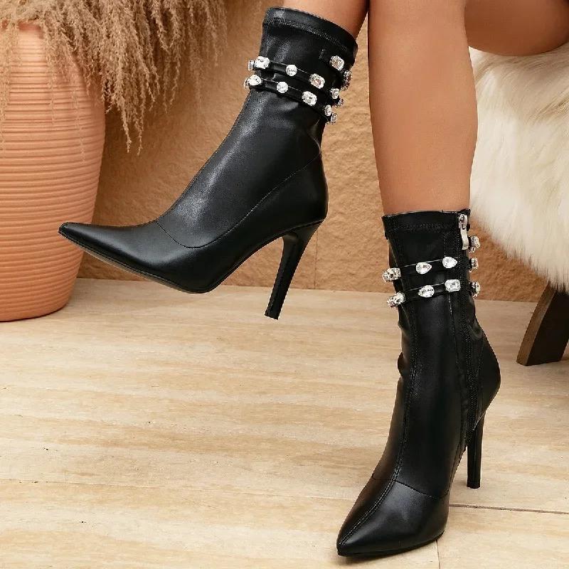 

Модные женские ботильоны с кристаллами и бриллиантами на весну и зиму, сексуальные, с острым носком, на тонком высоком каблуке, на молнии, из мягкой кожи, челси, Botas Mujer 35
