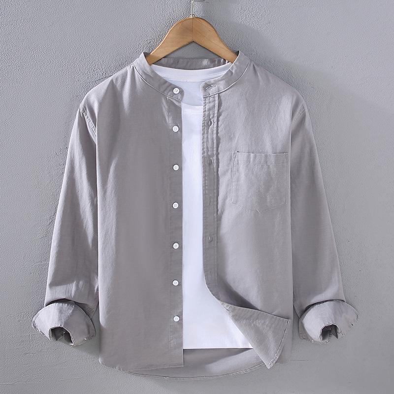 Cămașă bărbați cu mânecă lungă din bumbac-in cu guler chinezesc și buzunar - Jachetă casual simplă, confortabilă