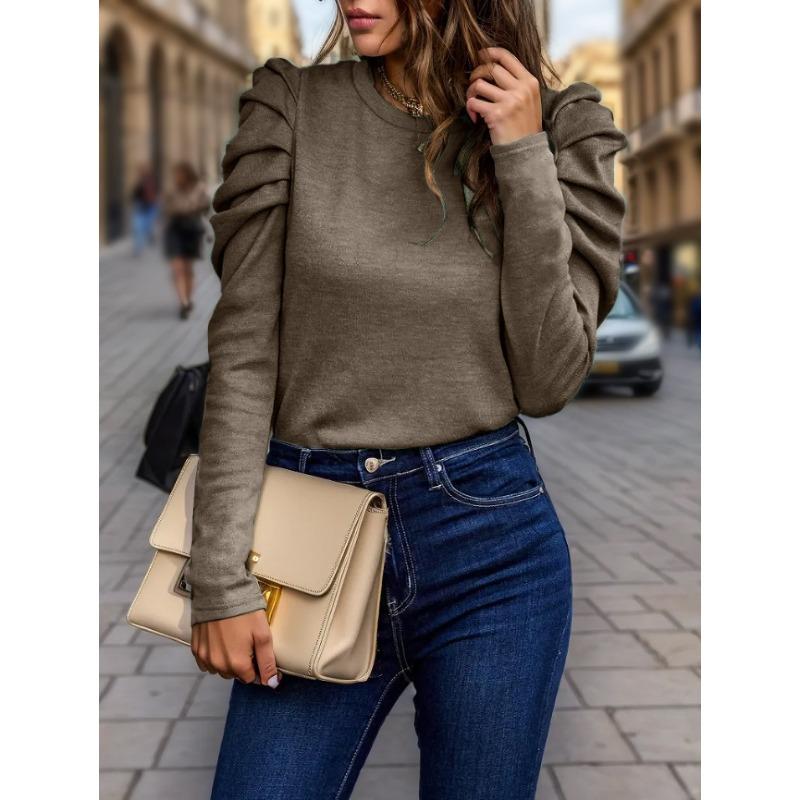 Women S Long Sleeve Puff Sleeve Crew Neck Solid Color Casual T Shirt
