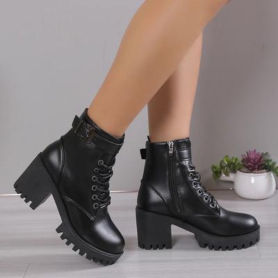 High Heeled Boots 2026 Autumn and Winter New European and American Black Round Toe Thick Heel Belt Buckle Women's Short Boots