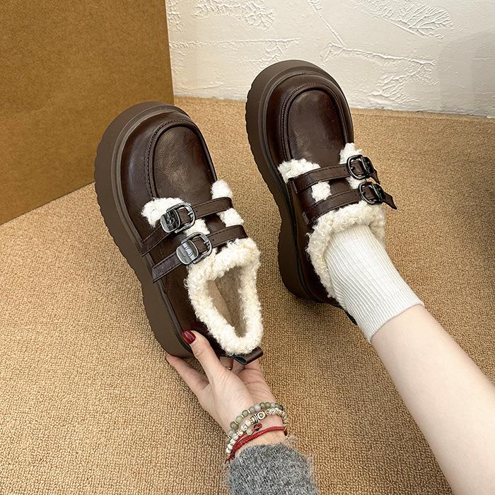 College Style Sweet and Cool Cotton Shoes Women's 2025 Autumn and Winter New British Style Heightening Strap Thick Heel Loafer Single Shoes Cotton Sh