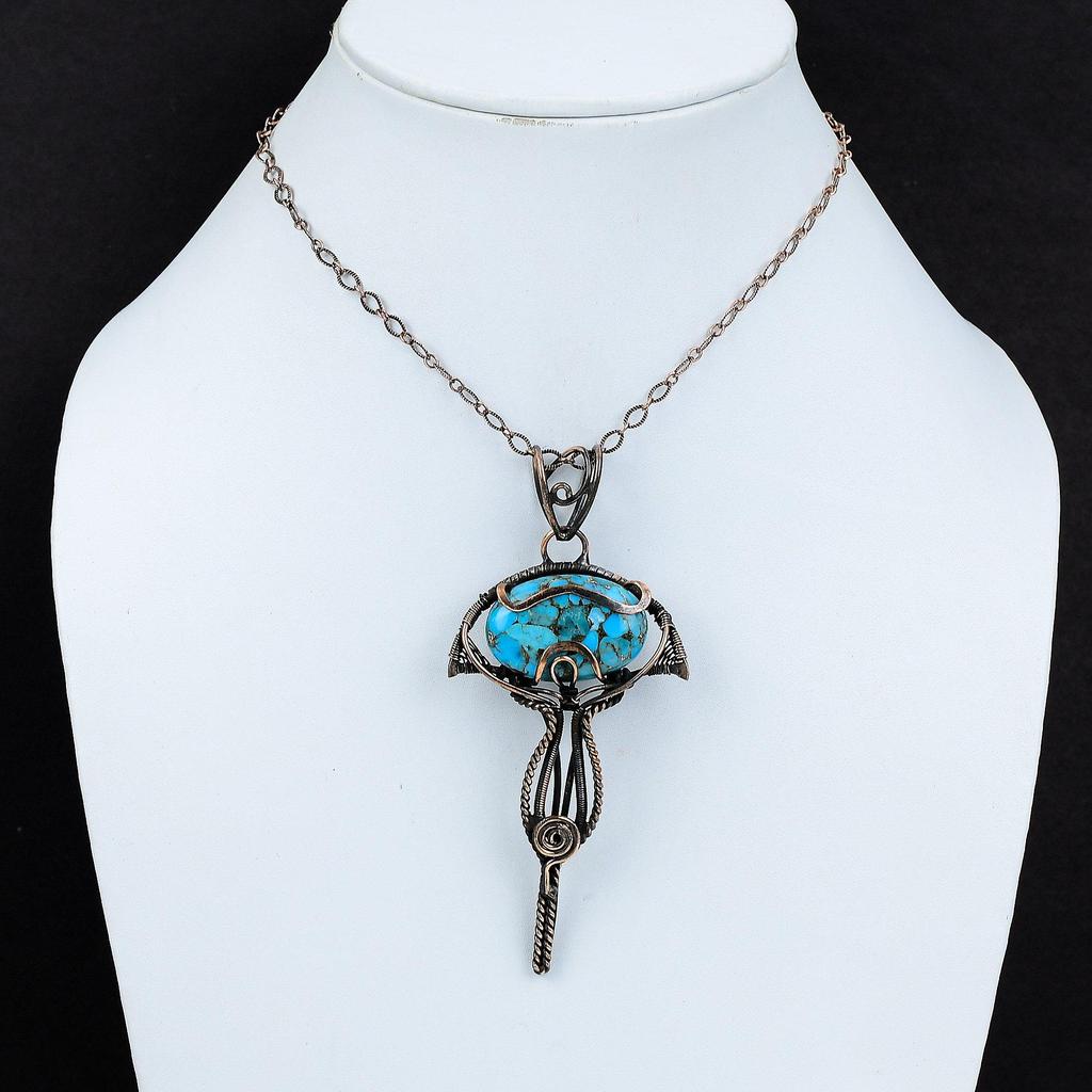 Copper Blue Turquoise Pendant Copper Wire Wrapped Jewelry Gemstone Pendant For Women Handmade Jewelry Copper Wire Wrap Pendant Gift For Her