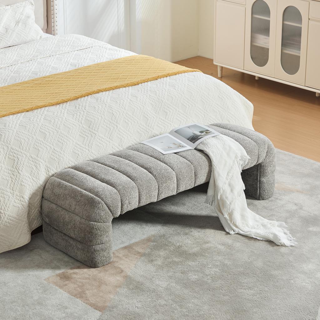 Modern Armless Chenille Upholstered Bed Bench with Channel Tufting, Chaise Longue & Stool for Living Room, Bedroom, Entryway, Gray